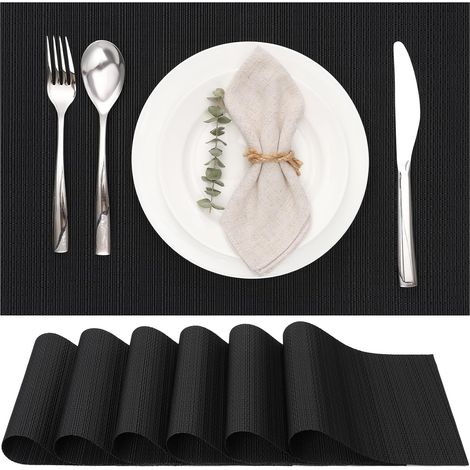 Juego de 6 manteles individuales de vinilo, lavables, resistentes al calor y antideslizantes, para cocina o comedor (30 x 45 cm) (negro) (1/5)