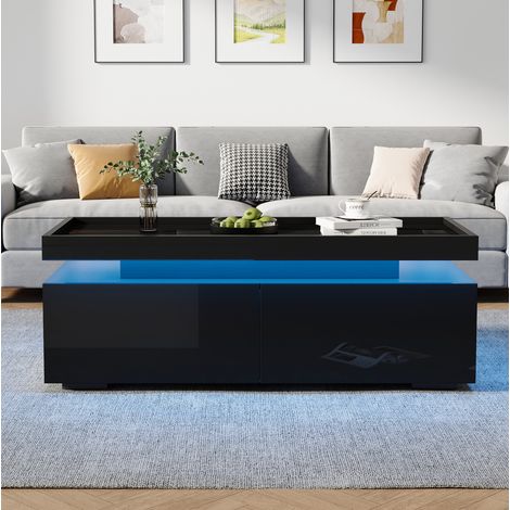 Mesa de centro 95x45x35 cm negra en tablero de partículas con LED, 2 cajones y bandeja antideslizante (1/5)