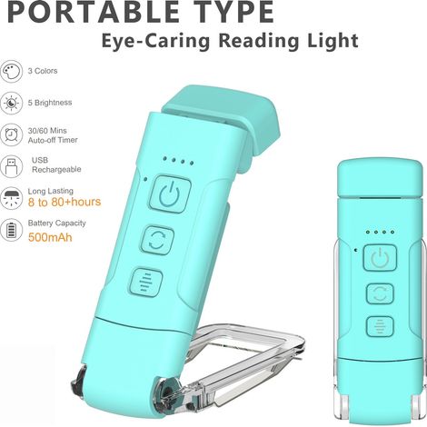 Lampe de lecture à pince vert menthe rechargeable USB, 9 LED, 3 températures de couleur, 5 niveaux de luminosité, minuterie 30‑60min, anti‑lumière bleue pour livre, lit, voyage (1/5)