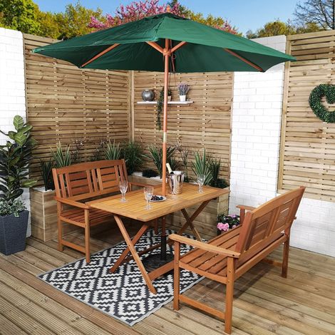 Outdoor 4 Person Folding Rectangular Wooden Garden Patio Dining Table Benches Parasol and Base Set (1/5)