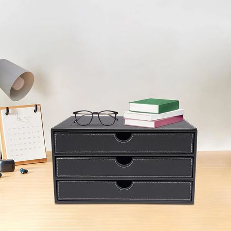 Schwarzer Schreibtisch Schublade Aufnahmekasten, 3 Leder Schreibtisch Dokumentenschrank, Multifunktionsschrank, 33  25  18cm