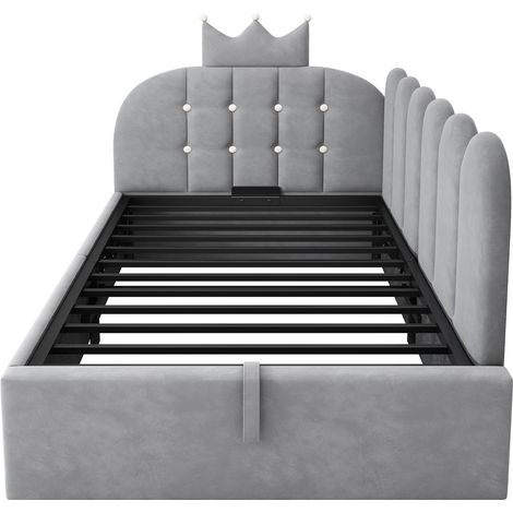 Lit banquette rembourré 90 x 190 cm en velours gris avec rangement hydraulique HOMVRA (1/5)