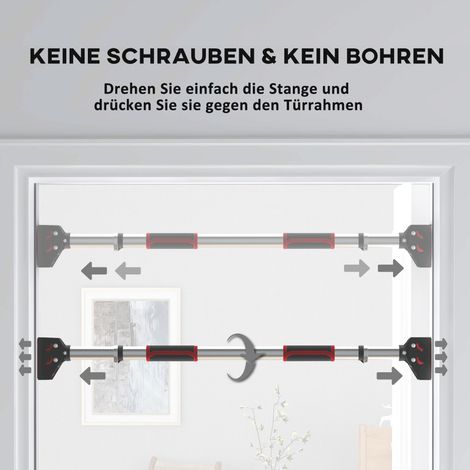 Barre de traction ajustable pour cadres de porte, sans vis, en acier résistant, support jusqu'à 200 kg, dimensions 75-92 x 10 x 7 cm, couleur noir/rouge (1/4)