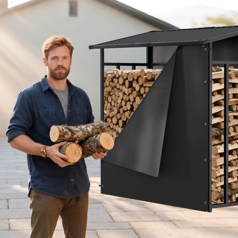 TolleTour Porta legna in acciaio zincato Kaminholzregal Nero 185 x 70 x 185 cm Garten Grande capacità Resistente alle intemperie