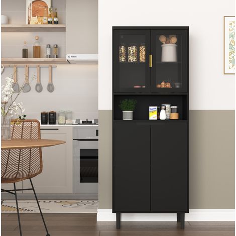 Hochschrank MDF Schwarz mit 2 Glastüren, 4 Türen, verstellbarem Einlegeboden und großem Stauraum (1/5)