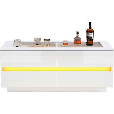 Table basse,Table de salon Blanc avec éclairage LED,4 tiroirs,Verre trempé,Façades laquées,Charge 35 kg,100x50x40cm (1/5)
