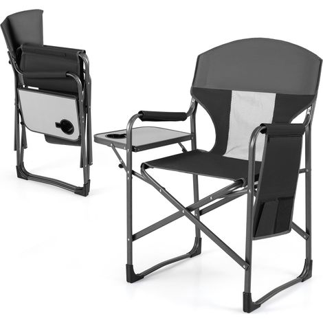 COSTWAY Sedia da Campeggio Pieghevole, Sedia da Regista con Tavolino Laterale, Portabicchieri e Tasca Portaoggetti, Portata 180 kg, Poltrona da Esterno per Spiaggia, Pesca e Picnic (Nero) (1/5)