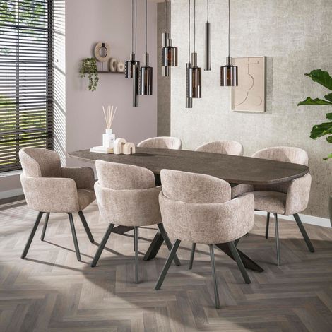 Table repas 215x105x77 cm plateau 3D bronze + 6 chaises texturé sable (1/5)