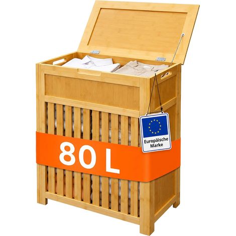 Relaxdays Wäschekorb, 80 Liter, Lamellen-Design, HBT: 62,5 x 50,5 x 28 cm, Wäschesammler mit Deckel, Bambus & MDF, natur (1/5)