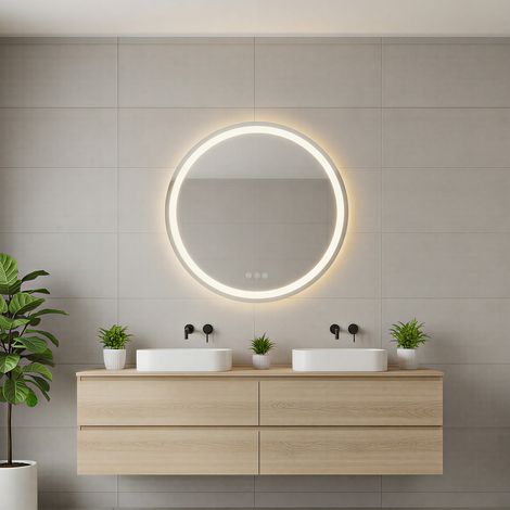 Auralum Max Specchio da bagno illuminato rotondo a LED 60 cm con interruttori touch retroilluminati, Specchi bagno antiappannamento, 3 colori dimmerabile