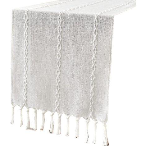 Chemin de table vintage en coton et lin, blanc uni avec franges, 33 × 228 cm (1/5)