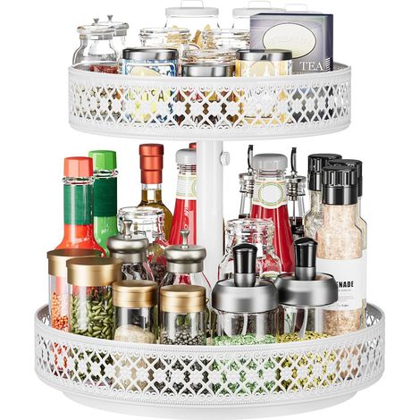 Turntable Organizer 2 Tier - 12 Inch Adjustable Metal Cabinet Pantry Kitchen Countertop Dining Table Closet Bathroom Storage Cabinet White (1/5)
