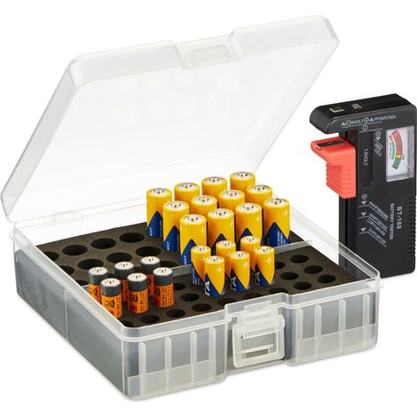 Relaxdays Custodia Portabatterie con Tester, per 60 Pile AA e AAA 5,5x15x15,5 cm, Scatola per Batterie, Trasparente/Nero