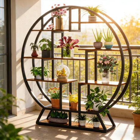 Étagère plantes ronde, 8 niveaux, métal et panneaux de particules, noir et marron, HAVRYA (1/5)