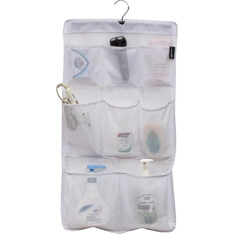 Organisateur de douche suspendu en filet à 8 poches avec cintre rotatif, séchage rapide, rangement de salle de bain (blanc) (1/5)