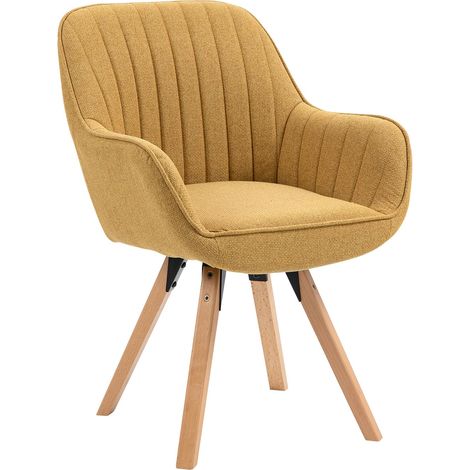 Meuble Cosy Chaise Salle à Manger Scandinave Fauteuil Coiffeuse Siège Pivotant avec Accoudoirs pour Chambre Salon Cuisine Bureau, Rembourré en Tissu Pieds en Bois Massif, Jaune, 60x58x83cm (1/5)