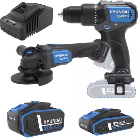 kit trapano a percussione e smerigliatrice angolare a batteria hyundai 2 batterie 20v 2ah/4ah e caricabatterie - cod. 25851 (1/4)