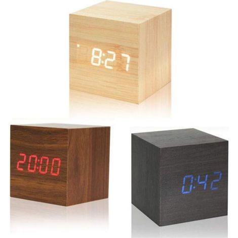 Réveil - Bois - Affichage Heure Température Date - 6 cm Cube - 3 Alarmes - USB Et Piles AAA - 1 Pièce (1/5)