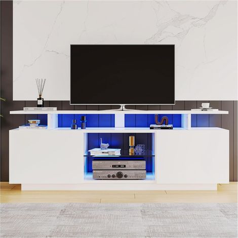 Meuble TV avec éclairage LED 16 Couleurs,Meuble TV Blanc Moderne 140 × 35 × 61cm, Meuble TV LED pour TV 60 Pouces, Panneaux de Porte Brillants avec Compartiments en Verre (Blanc) (1/5)