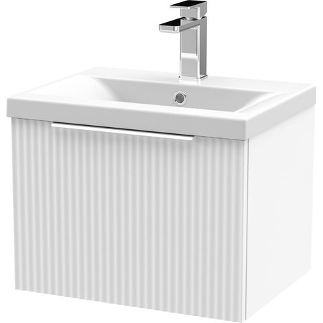 Contemporary Fluted Front Wall Hung Single Drawer Bathroom Vanity Unit with 1 Tap Hole Ceramic Basin, 500mm, Satin White, Chrome Handles