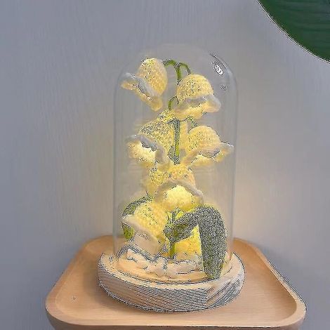 Ewiges Maiglöckchen, Geschenk für Frauen, künstliche gehäkelte Blumendekoration unter einer Glasglocke mit LED-Lichtleiste, für sie, Mama, Muttertag, Geburtstag, weiß (1/5)