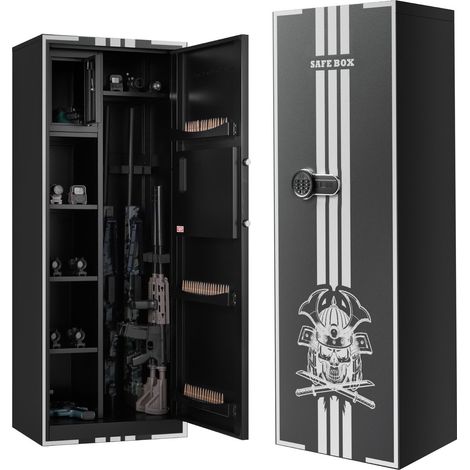 Coffre-fort pour 4 armes, armoire à fusils et pistolets, coffre-fort à accès rapide pour fusils avec 3 emplacements pour munitions et 2 supports réglables, grande armoire numérique avec serrure à clé (1/5)