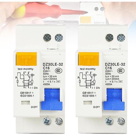 Lot de 2 disjoncteurs Fi 16 A, AC 230 V 30 mA C16 1P+N, montage sur rail DIN Protection contre les surcharges, Disjoncteur différentiel avec protection contre les surintensités, interrupteur (1/5)