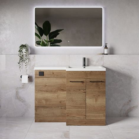 Napoli 390 Tobacco Oak 1100mm 2 Door Vanity Unit Toilet Suite with Square Right Hand Lucia Basin - 1100mm - Matt Black 160mm HandleWithout Kingston Toilet Pan