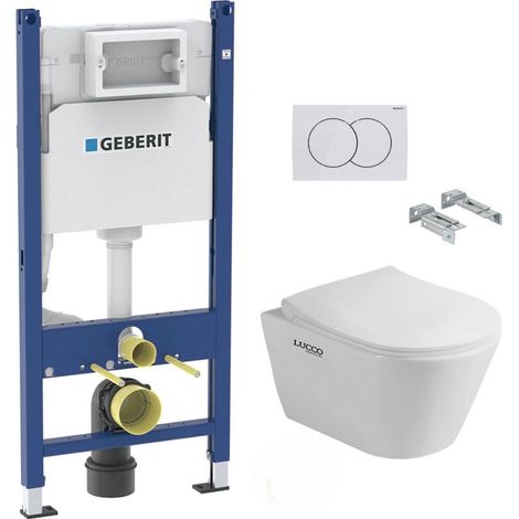 Pack WC Bati-support GEBERIT Duofix + WC sans bride Lucco Avva + Abattant softclose + Plaque blanche (AvvaGeb3)