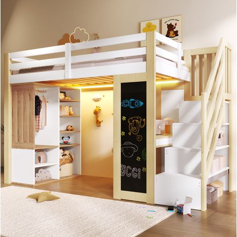 Hochbett 90x200 cm Holz/MDF Weiß/Natur mit Schreibtisch, platzsparend – MEUBLIV (1/5)