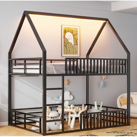 Lit superposé maison 140x200 avec LED noir HAVRYA (1/5)