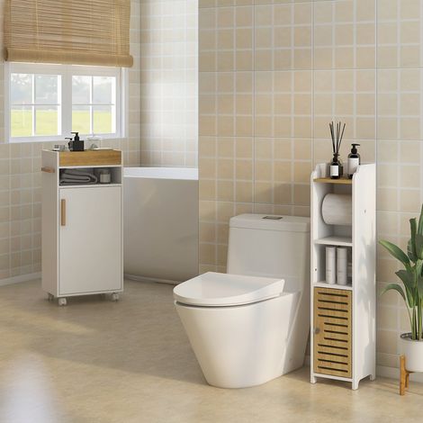 Armario de Baño Moderno con Estantes Ajustables Armario Bandeja Extraíble y Ruedas 40x30x88 cm Blanco y Roble (1/5)