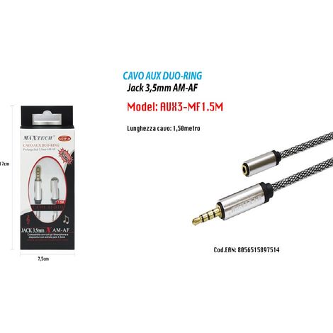 MaxTech - Cavo Audio Aux Duo-ring Prolunga Jack 3.5mm Am-af 1.5mt Smartphone Maxtech Aux3-mf1.5m -