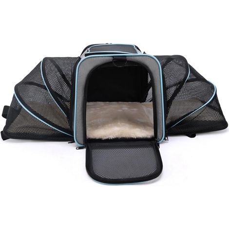 Borsa trasportino pieghevole ed espandibile per cani e gatti, realizzata in materiale traspirante con cuscino rimovibile, omologata per il trasporto aereo, ideale per viaggi, escursioni e campeggio. (1/5)