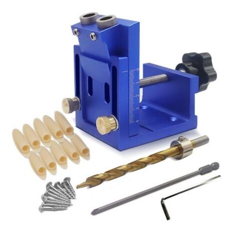 Adjustable Kit d'outils de Gabarit de Percage Oblique pour Menuiserie, Bleu Amovible Pocket Hole Jig, Avec 1 Forets de 9 mm, pour le Travail du Bois et la Fabrication de Meubles (Bleu) (1/5)