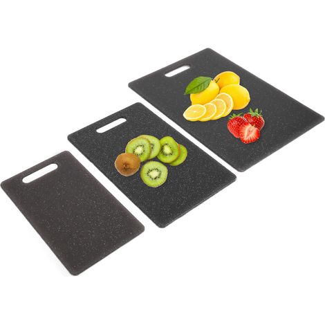 Ensemble de trois planches à découper à motif marbre, ensemble de planches à découper en plastique double face, planche à découper à fruits à suspendre, planche à découper à motif pierre, noire. (1/5)