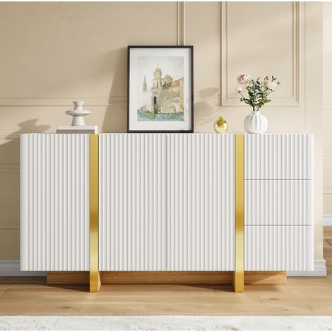 Buffet avec 3 portes et 3 tiroirs, 140 x 36 x 75 cm, blanc, avec chants décoratifs dorés, OKMYHOME (1/5)