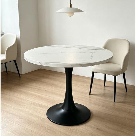Table à manger ronde 80 cm, effet marbre blanc, piètement central noir, 2 à 4 places HAVRYA (1/5)