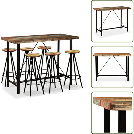 Ensemble de bar 7 pcs Bois massif recyclé - Ensemble De Bar - Meuble Industriel - Table De Bar - Tabouret De Bar - Bois Massif (1/5)