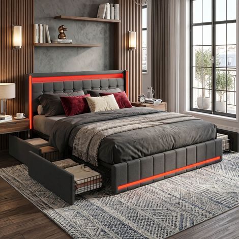 Creahappy Lit Capitonné avec LED et 4 Tiroirs 140x190 cm - Port USB Intégré - Gain d'Espace - Tissu Lin Gris Anthracite (1/5)