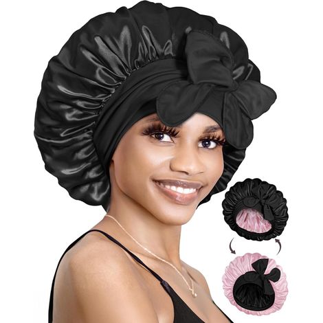 Satin-Nachthaube – 1-teilig – Wendbar, doppellagig – Schützt lockiges Haar – Für Damen und Herren – Schwarz (1/5)