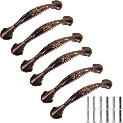 [RM] Poignées de porte, tiroir ou meuble de cuisine (lot de 6) en alliage d'aluminium, rouges, pour entraxe de 96 mm.