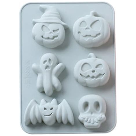 Kit de moules à pâtisserie en silicone de qualité professionnelle, thème Halloween avec moules citrouille, chauve-souris, crâne et fantôme, matériau écologique et résistant. (1/5)