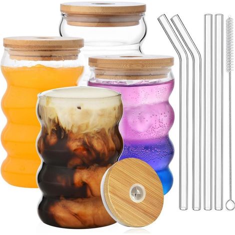 ALINK Gerippte Trinkgläser 4er Set 530ml mit Deckel und Strohhalm (1/5)