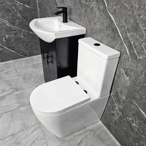 Black Vanity Unit with Black Handles 550mm Closed Back Tornado Toilet Suite, Without Tap & Waste