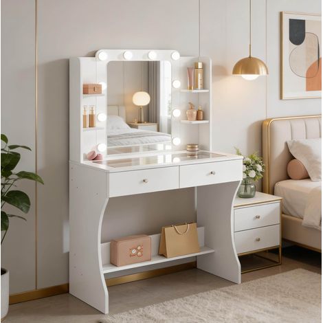 Tocador de MDF blanco con espejo LED tricolor, tablero de vidrio y 2 cajones (1/5)