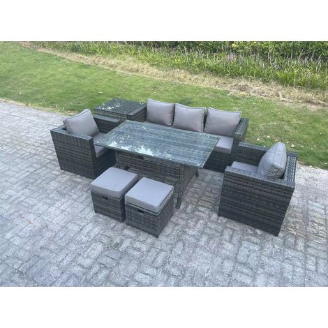 Fimous 7 places Ensemble de meubles de jardin en rotin  Outdoor Table à manger rectangulaire Canapé Fauteuil avec Table d'appoint 2 Petit tabouretn Gris foncé mélangé (1/5)