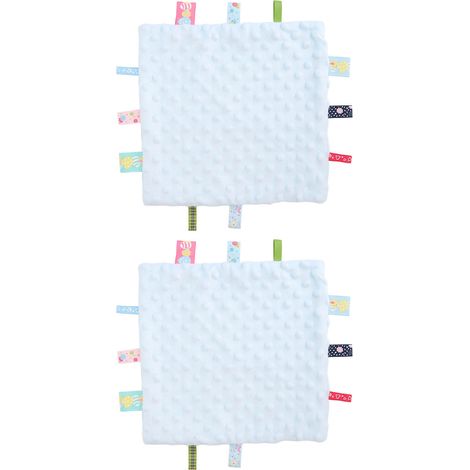 Lot de 2 couvertures de sécurité pour bébé en pur coton avec étiquettes colorées, idéales pour le développement sensoriel. Ces couvertures 3D en particules colorées favorisent le bien-être des bébés. (1/5)