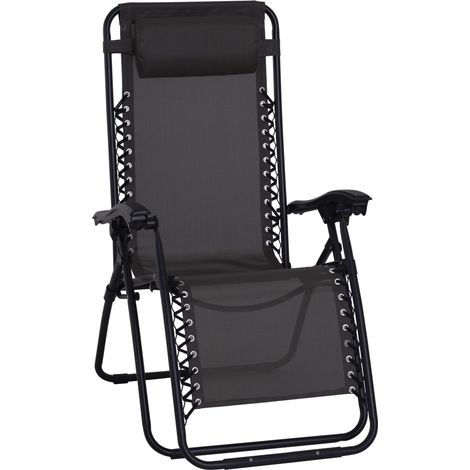 Outsunny Zero Gravity Chair Metal Frame Texteline Armchair Outdoor Folding and Reclining Sun Lounger with Head Pillow for Patio Decking Gardens Camping, Black