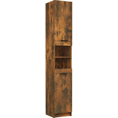 Armoire de bain moderne avec 6 compartiments rangement 32 x 34 x 188 cm en bois d'ingénierie chêne fumé (1/5)